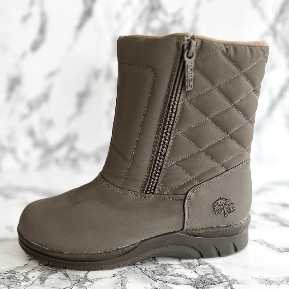 Totes Snow Boots Taupe Quilted Short Waterproof Winter 6